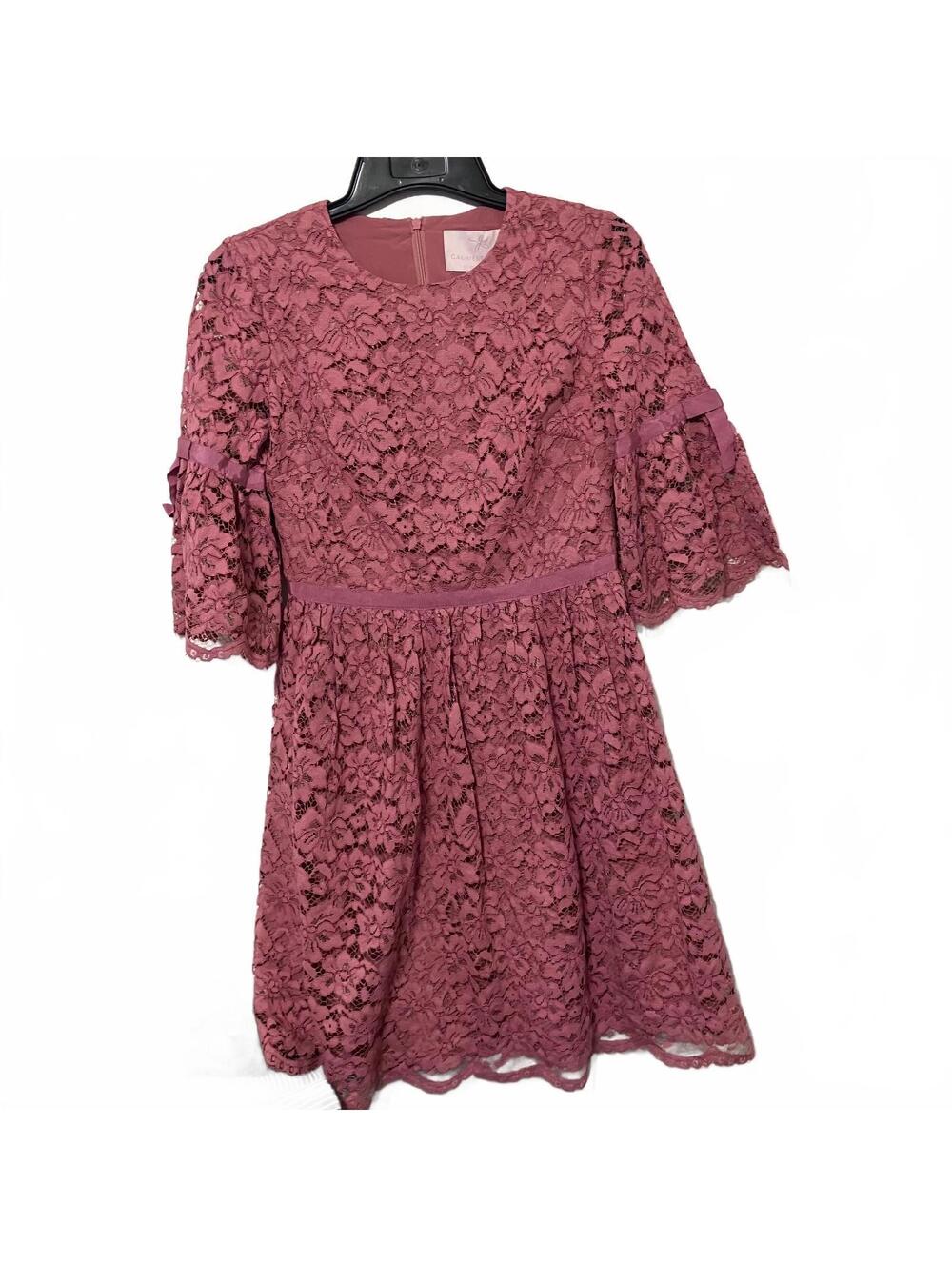 Gal Meets Glam Romantic Rose Pink Lace Bell Sleeve Fit & Flare Dress 6-New $198